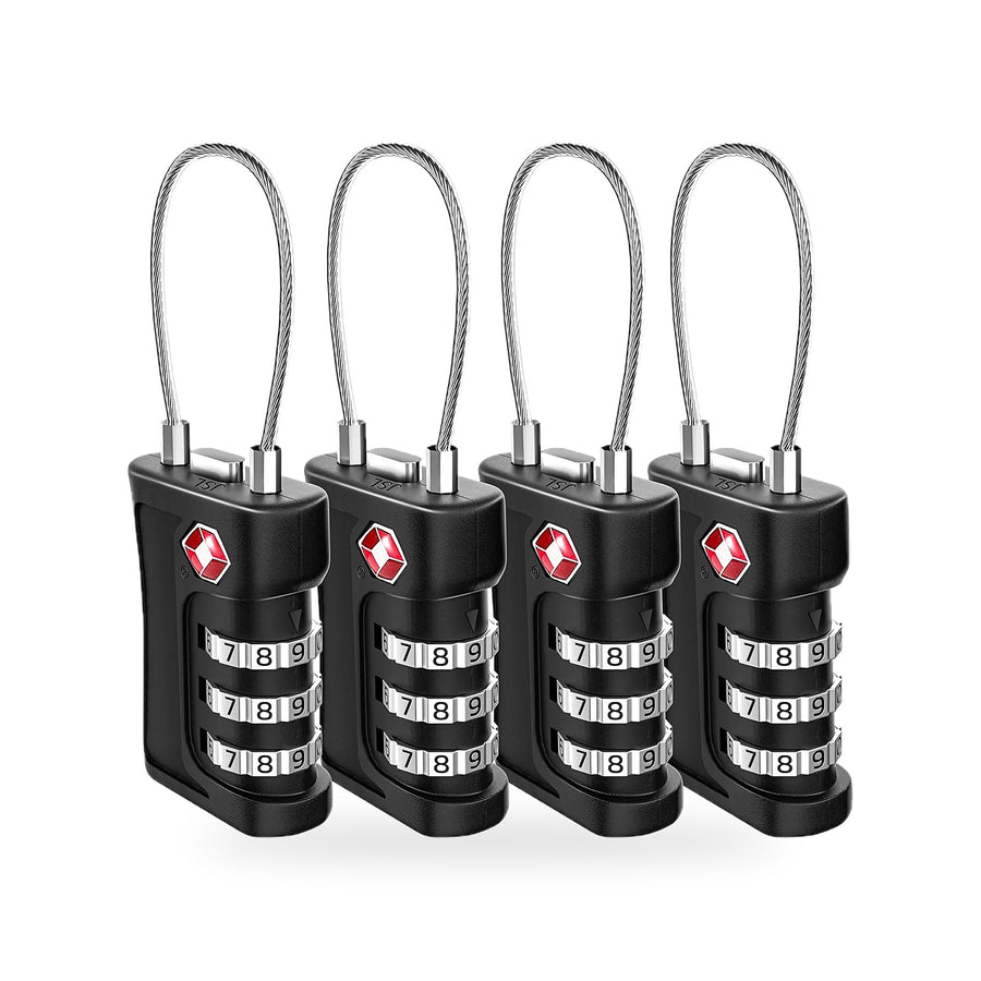 Four black TSA-accepted combination luggage locks with flexible steel cable shackles on a white background