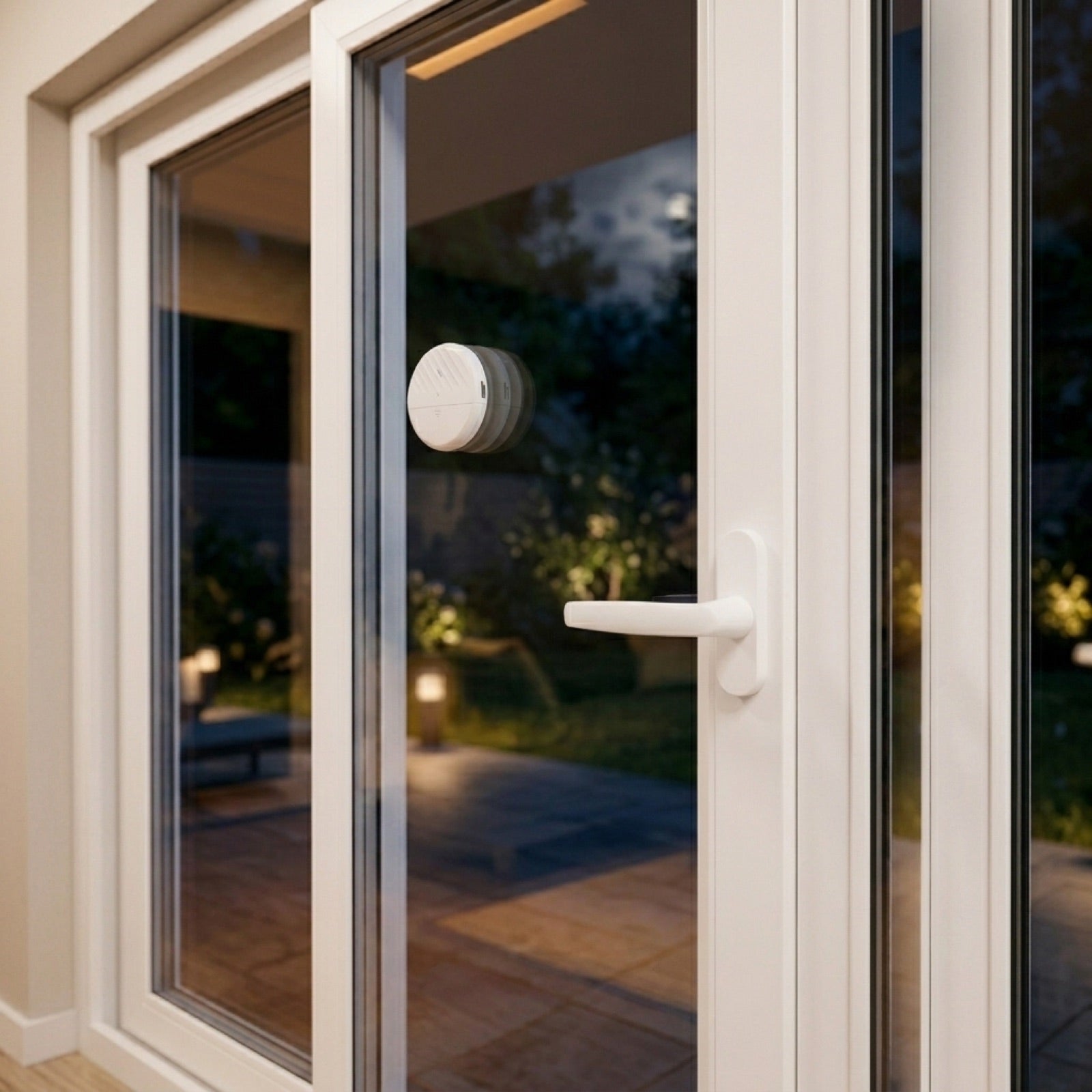 A TremShield alarm on a glass patio door at dusk